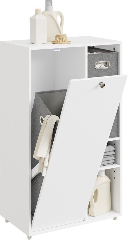 SoBuy Badkamermeubel met wasmand, Opbergkast met 2 stoffen manden, ruimtebesparend, vuile was, Wit, voor wasruimte BZR218-W