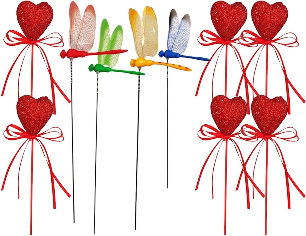 Decoratieve Tuinstekers - Plantensteun Hart - Tuin Aankleden - Libellen en Hart Vorm - 6 stuks - Transparant