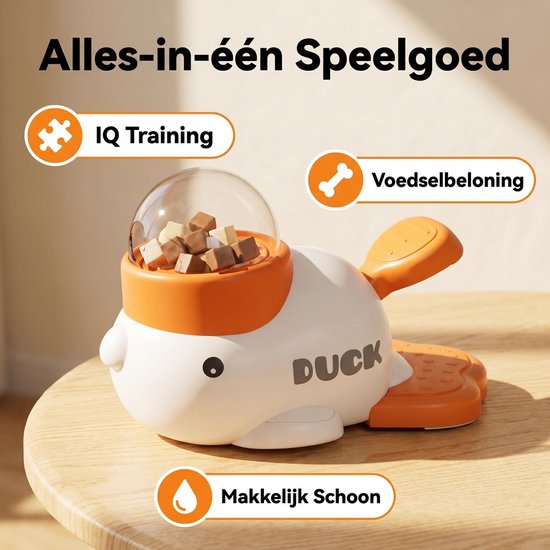 Wit eendvormig snackdispenser met oranje accenten, gevuld met snoepjes. Tekst 'DUCK' op de zijkant. "Alles-in-één Speelgoed", "IQ Training", "Voedselbeloning", "Makkelijk Schoon".