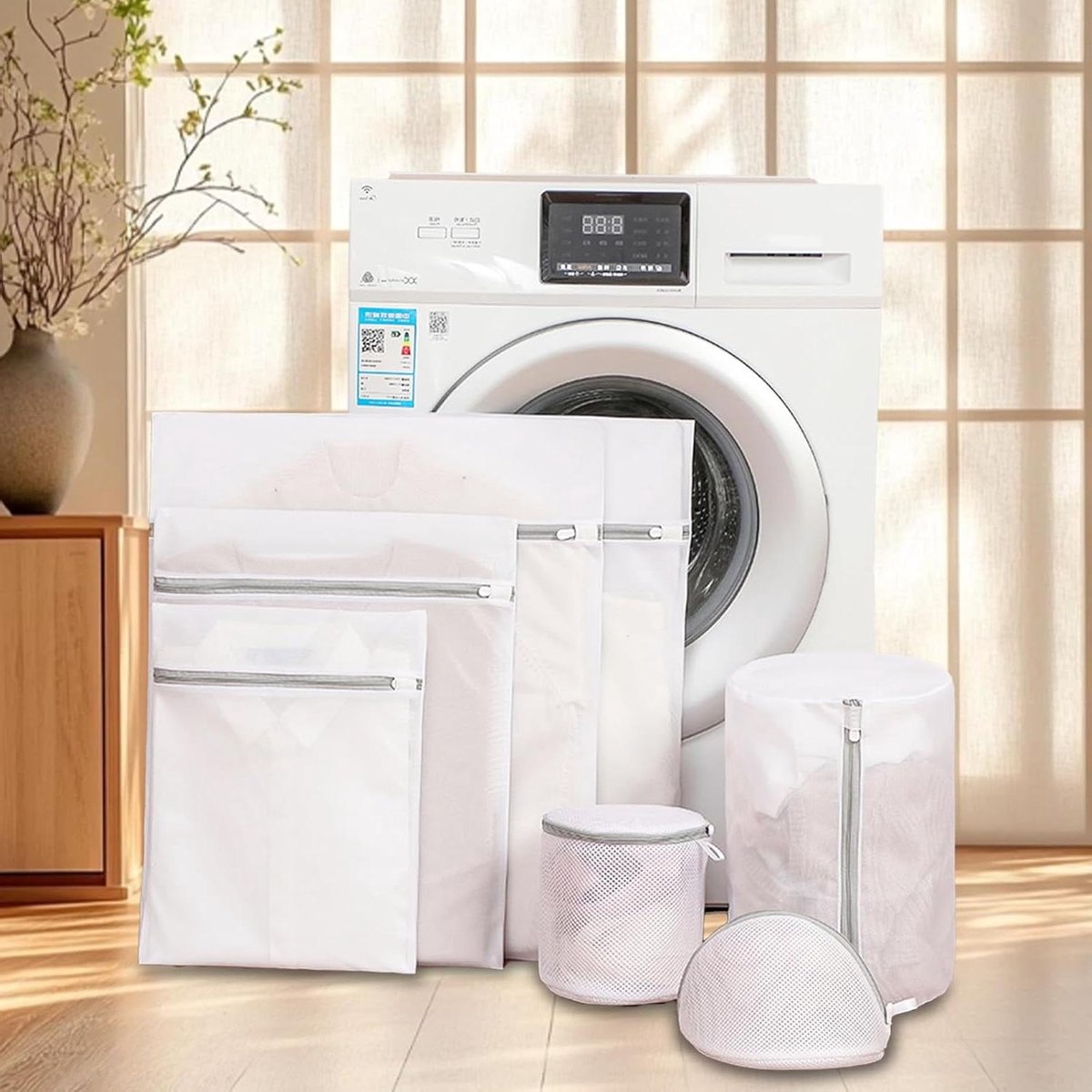 Set waszakken Netzakken wasmachine Kleding beschermen Fijnmazig en ritssluiting 7 stuks Grijs wit