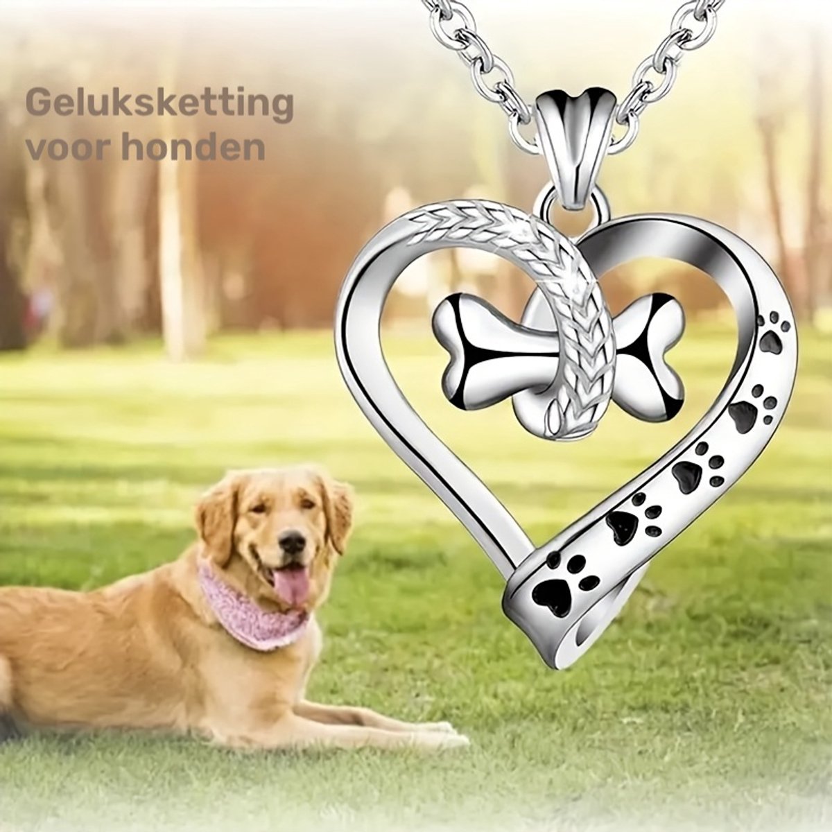 Sjika - Honden Ketting Dames – Hart Ketting met Pootjes & Bot – Zilveren Huisdier Ketting – Cadeau voor Hondenliefhebber - Cadeau voor haar