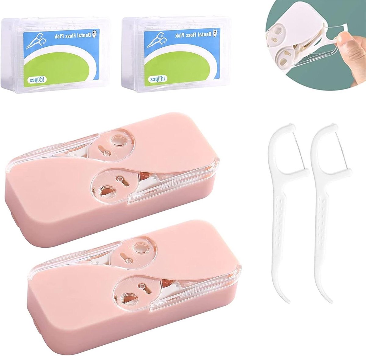 Draagbare Floss Dispenser - Flosshouder Reisflos - Tanden Reinigen - Automatische Uitwerping - 8 cm Lengte - Wit/Zwart/Groen/Roze