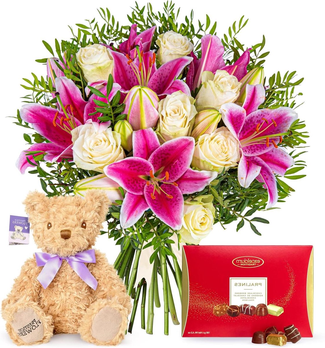 Lelies en Rozen Boeket - Bloemen Cadeau - Iemand Verrassen - Handgemaakt Samengesteld - 60 x 30 x 30 cm
