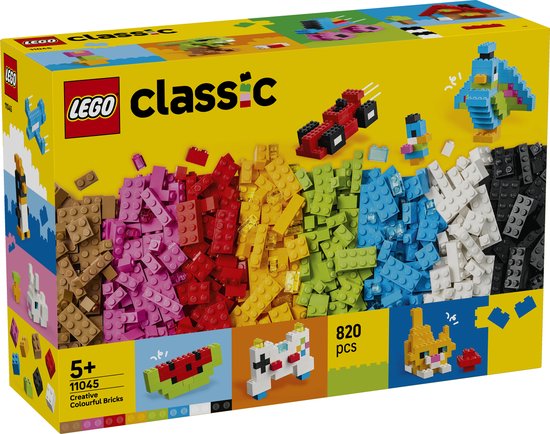 Een LEGO Classic-doos met 820 stenen, getoond met diverse bouwwerken zoals een raceauto, watermeloen en kat.