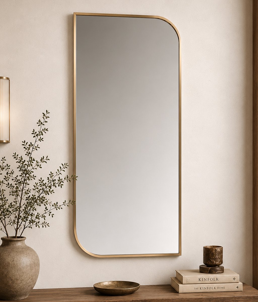 !MERKL0OS Luxe Design Wandspiegel Goud – 30x70 cm – Asymmetrisch Organisch – Metalen Frame – Moderne Spiegel voor Hal, Slaapkamer of Toilet – Japandi Stijl