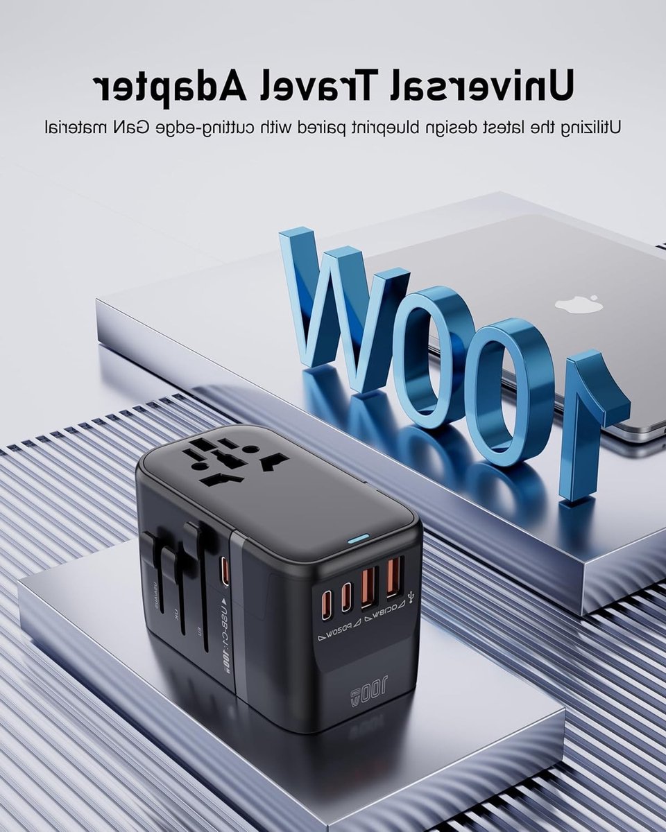 Universele Reisadapter 100W met 5 USB-poorten, Inclusief 3 USB-C, Wereldwijd Geschikt voor Europese, Britse en Australische Stopcontacten