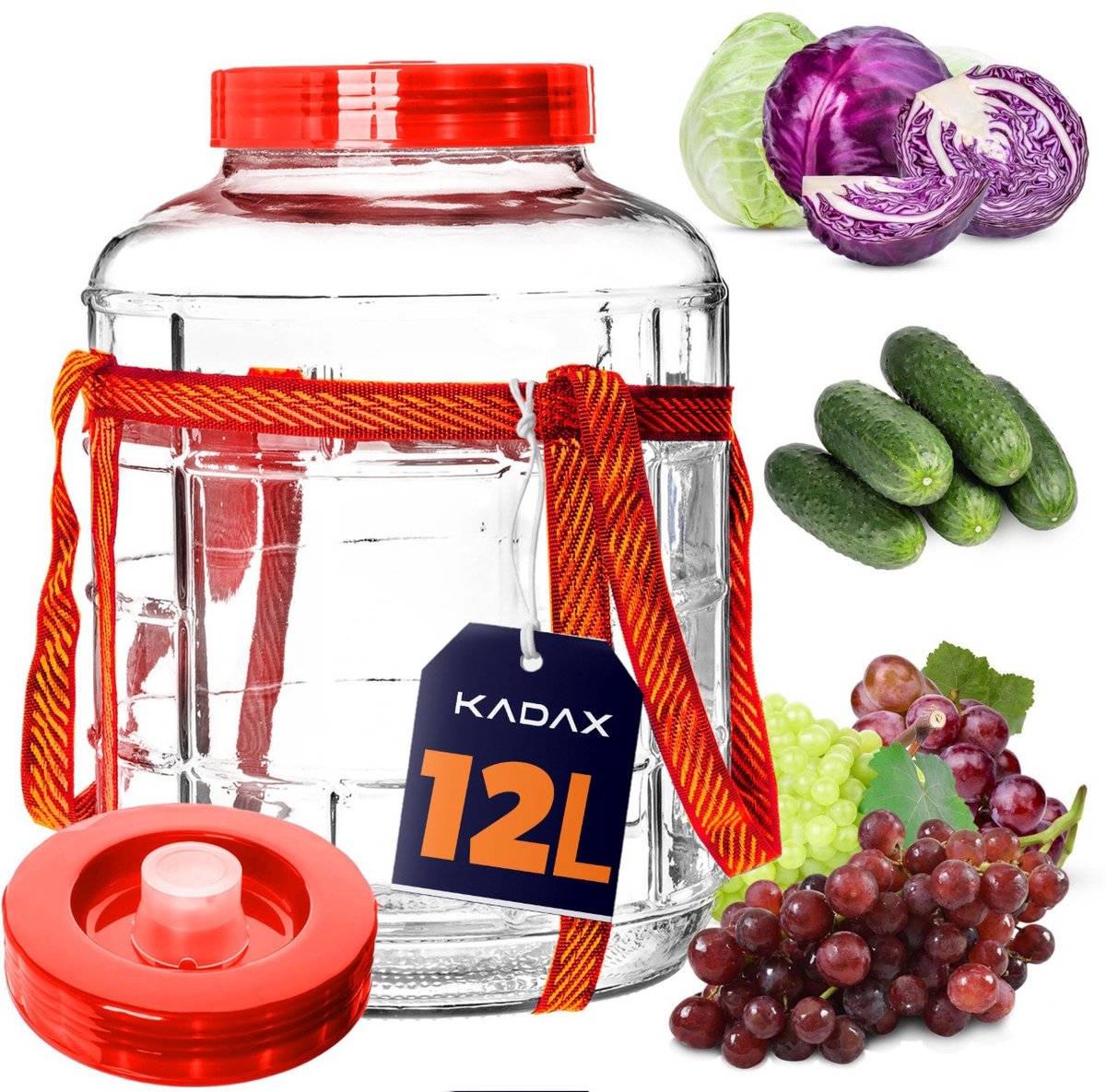 KADAX Gistballon, 12 liter, glazen ballon met deksel van kunststof, wijnballon, glazen gistballon, universeel glas, komkommerglas, voorraadglas, bewaarglas, fermentatiecontainer, inmaakglas