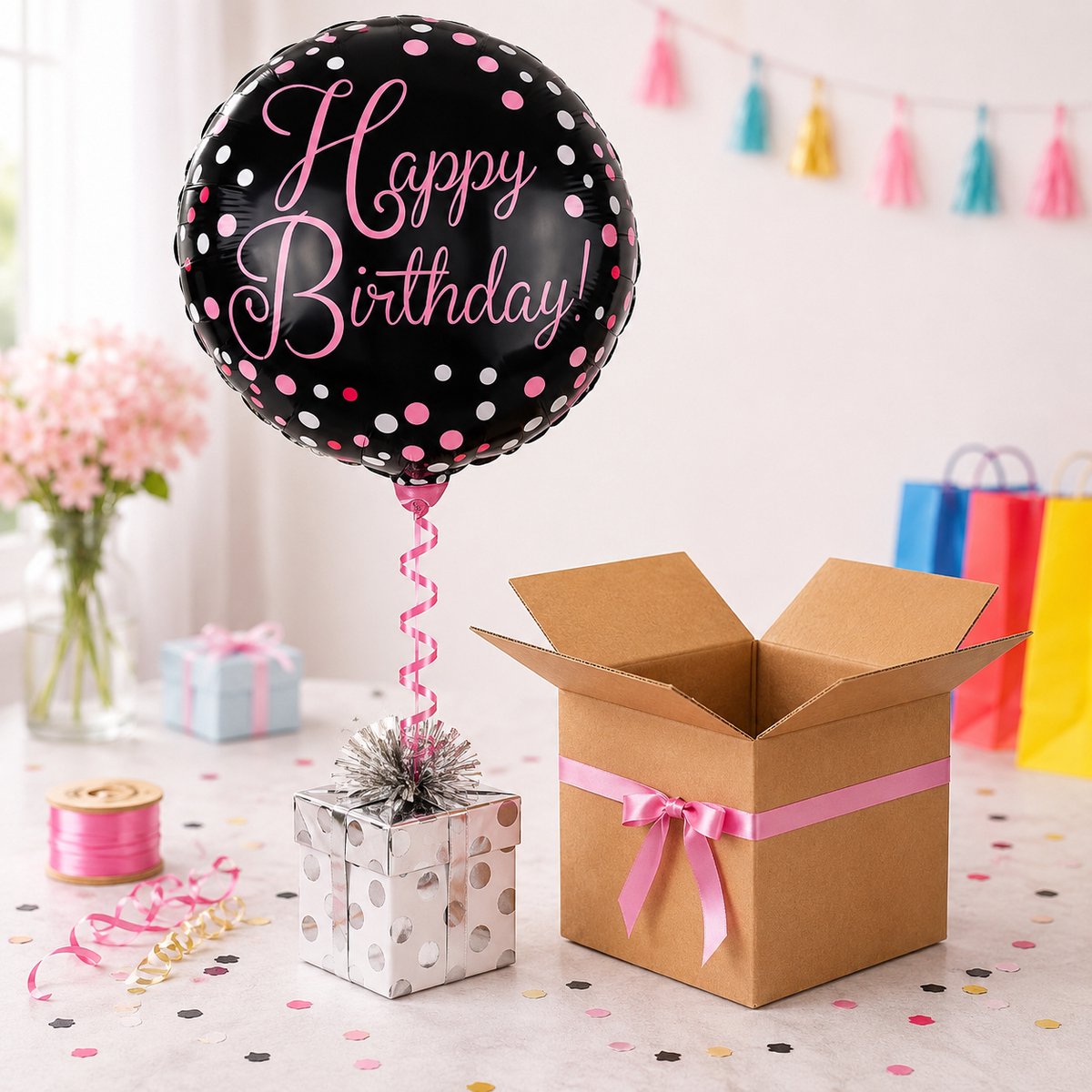 EasyMart Helium Folieballon Happy Birthday 18 inch (45 cm) – Helium gevuld – Met lint & ballongewicht – 1 stuk