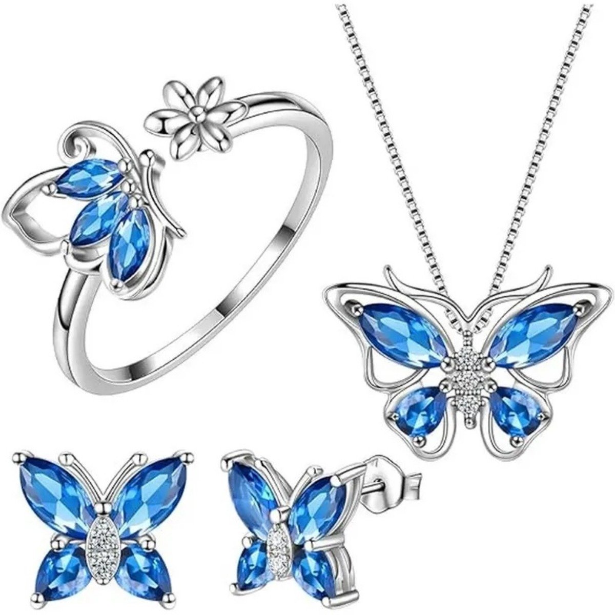 Sjika - Vlinder Sieraden Set Dames Blauw – Ketting, Ring & Oorbellen – Kristal Vlinder Sieraden Zilverkleurig – Cadeauset voor Dames