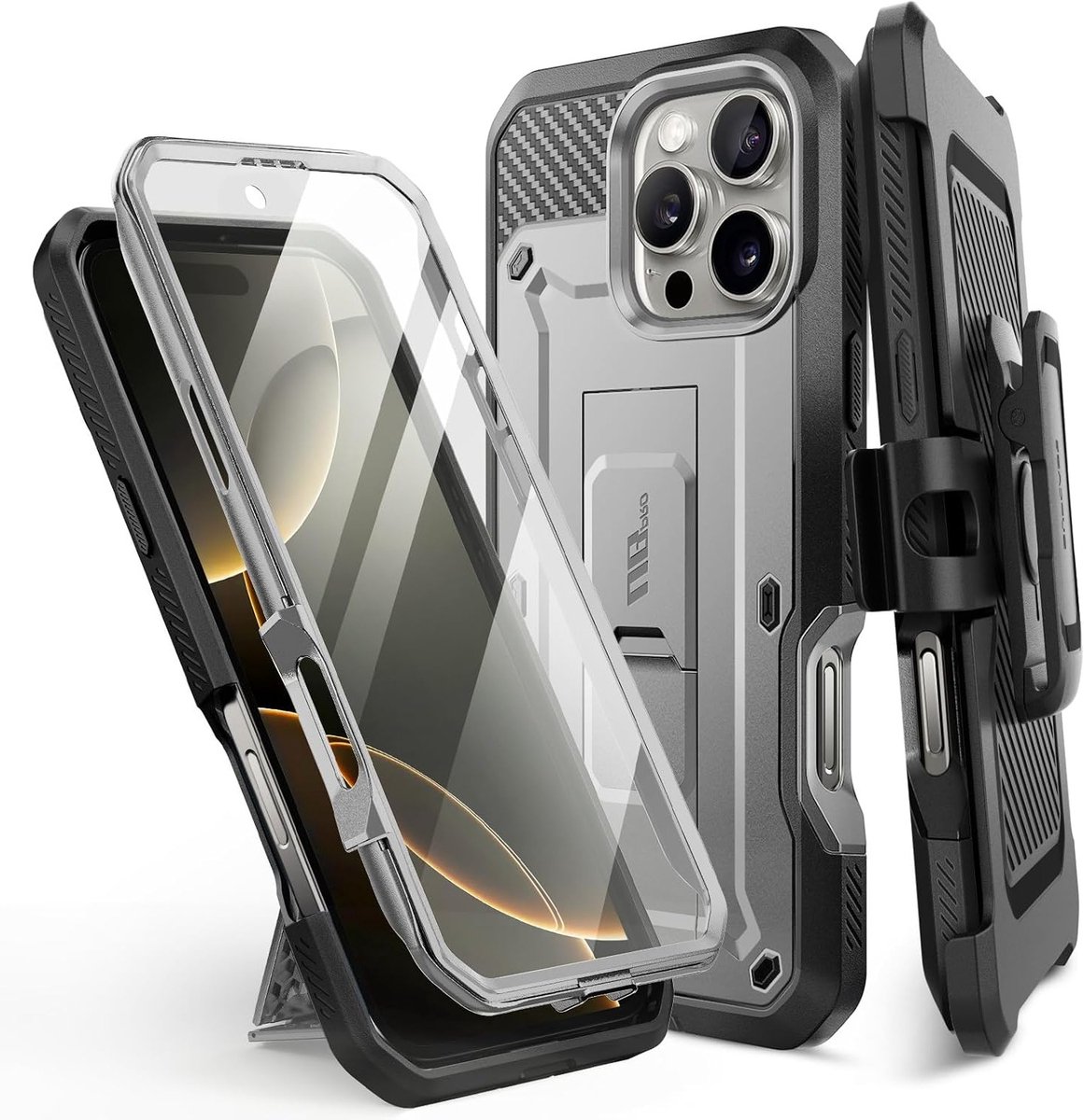 Volledige schokbestendige hoes voor iPhone 16 Pro met ingebouwde screen protector, stand en riemclip, militaire bescherming, grijs