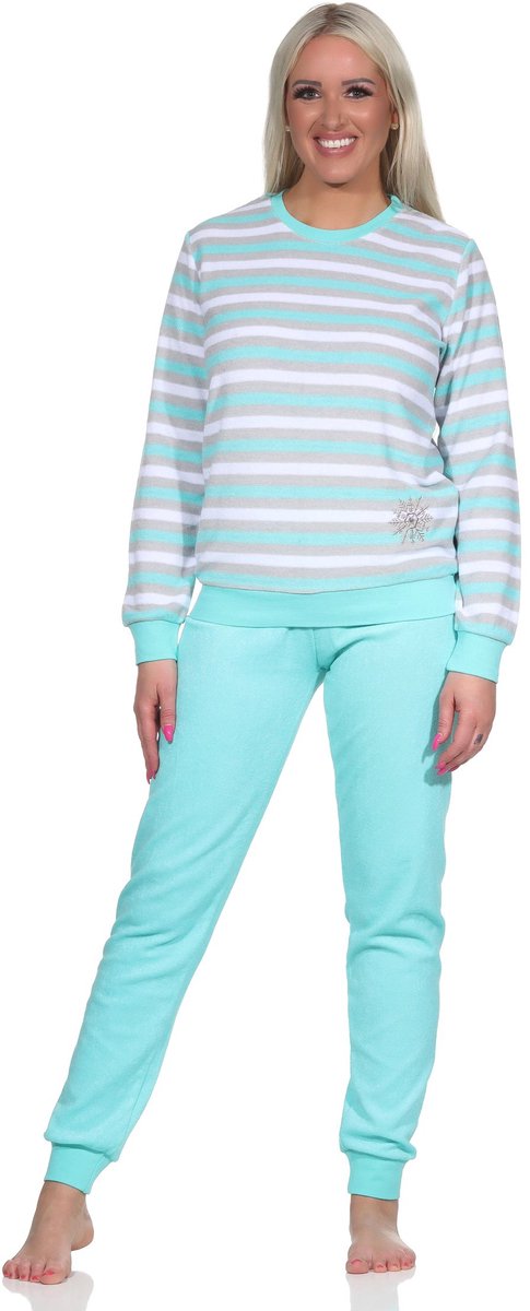 Normann Lange badstof damespyjama's, pyjama's met een gestreepte look en een ijskristalmotief mint