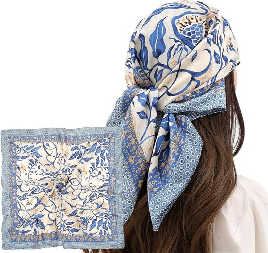 Dames Sjaal - Sjaals - 70×70cm - Dames Hoofddoek - Elegant Stijlvol Dames haar sjaal - Sjaal vierkant zijde feeling - Hoofdsjaal voor vrouwen - Stola - Vierkante doek - Satijn zijde - Hals sjaaltje - Dames Halsdoek - Blauw