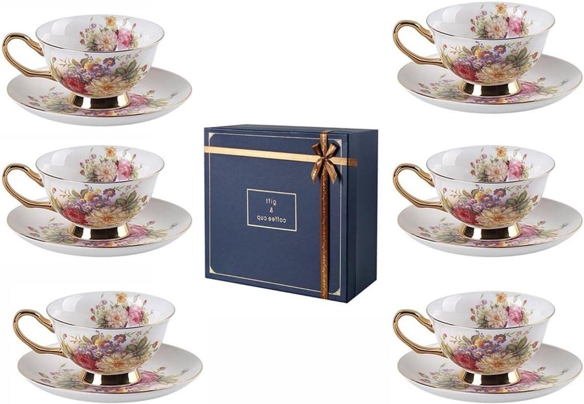 Bloementheeset - Koffieservies - Gezellig moment - Beenderporselein - 220 ml kopjes - Veelkleurig