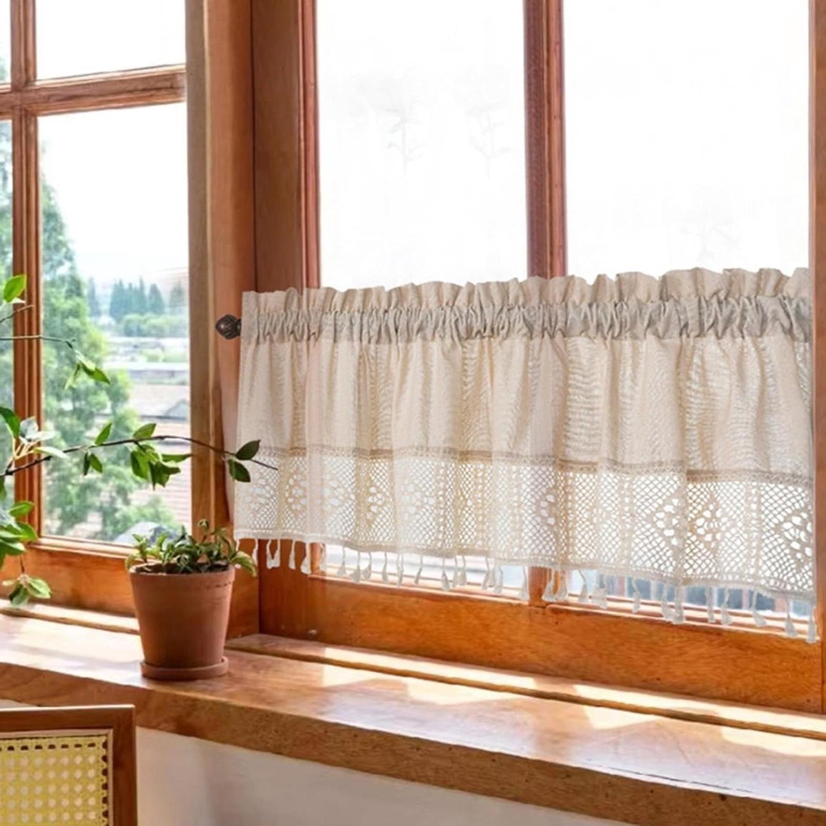 Vitrage Gordijn - Kort Raamgordijn - Ruimte Delen - Linnenlook Stof - 90 x 74 cm - Beige