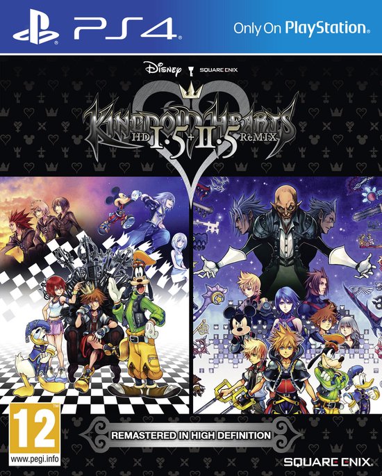 PlayStation 4 gamecover: Kingdom Hearts HD 1.5 + 2.5 Remix. Met Mickey Mouse, Goofy, Donald Duck en andere personages.