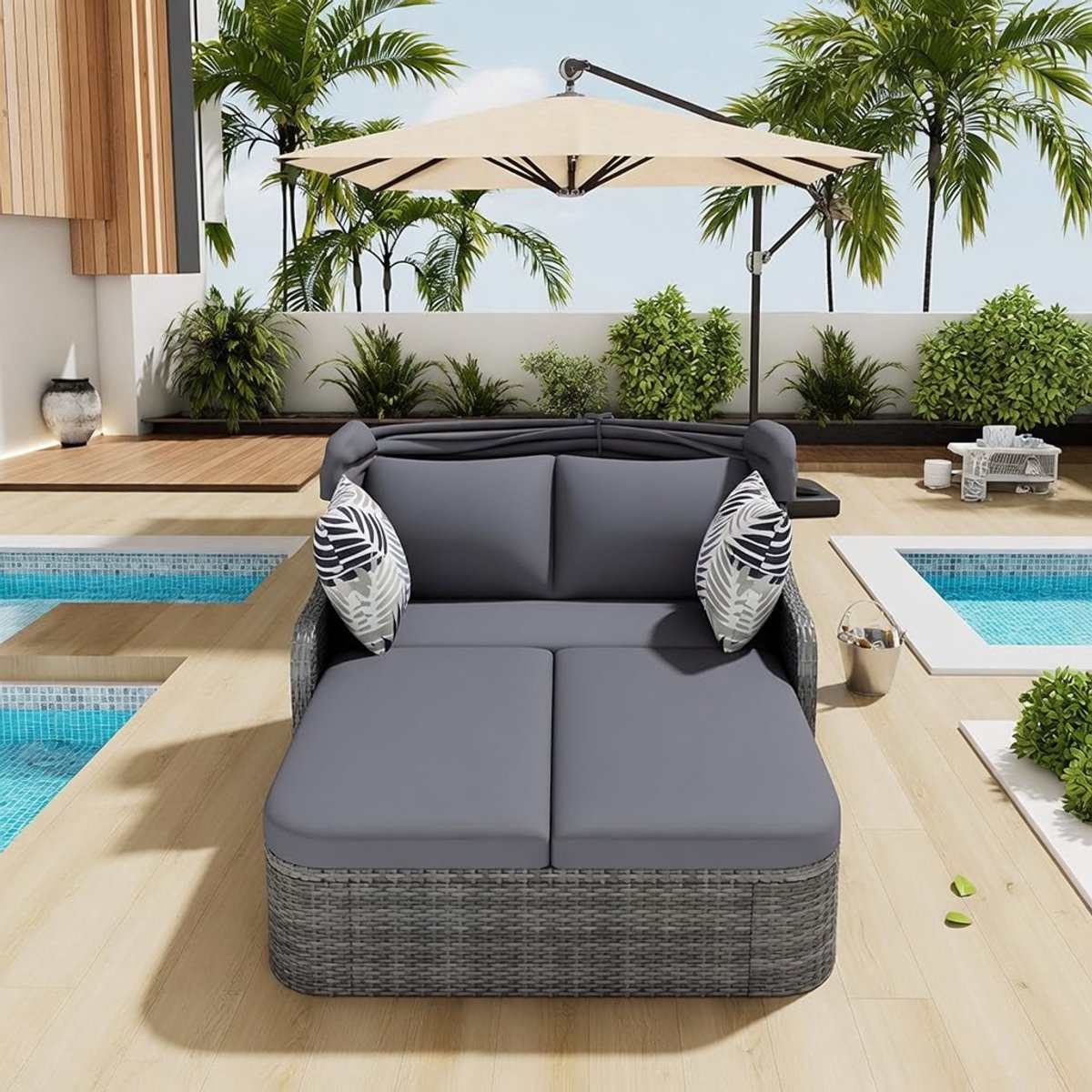 Luxe 2-Persoons Zonne-eiland Tuinloungeset met Verstelbare Luifel – PE Rotan All-Weather Dubbele Ligstoel met Kussens en Rugleuning – Outdoor Lounge Bed voor Tuin, Terras & Zwembad – Grijs – Industrohome