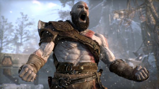 Kratos schreeuwt met zijn armen wijd, met sneeuw die valt.