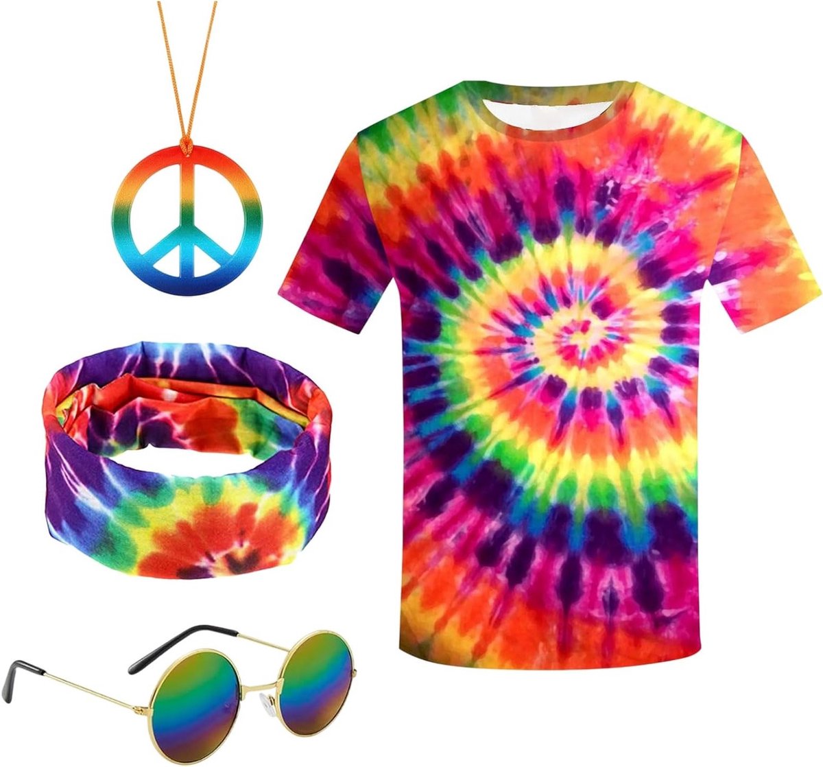 Hippie Kostuum voor Mannen met T-Shirt, Bril en Ketting voor Themafeesten en Carnavalsvieringen - 4-delige Set in Multikleur