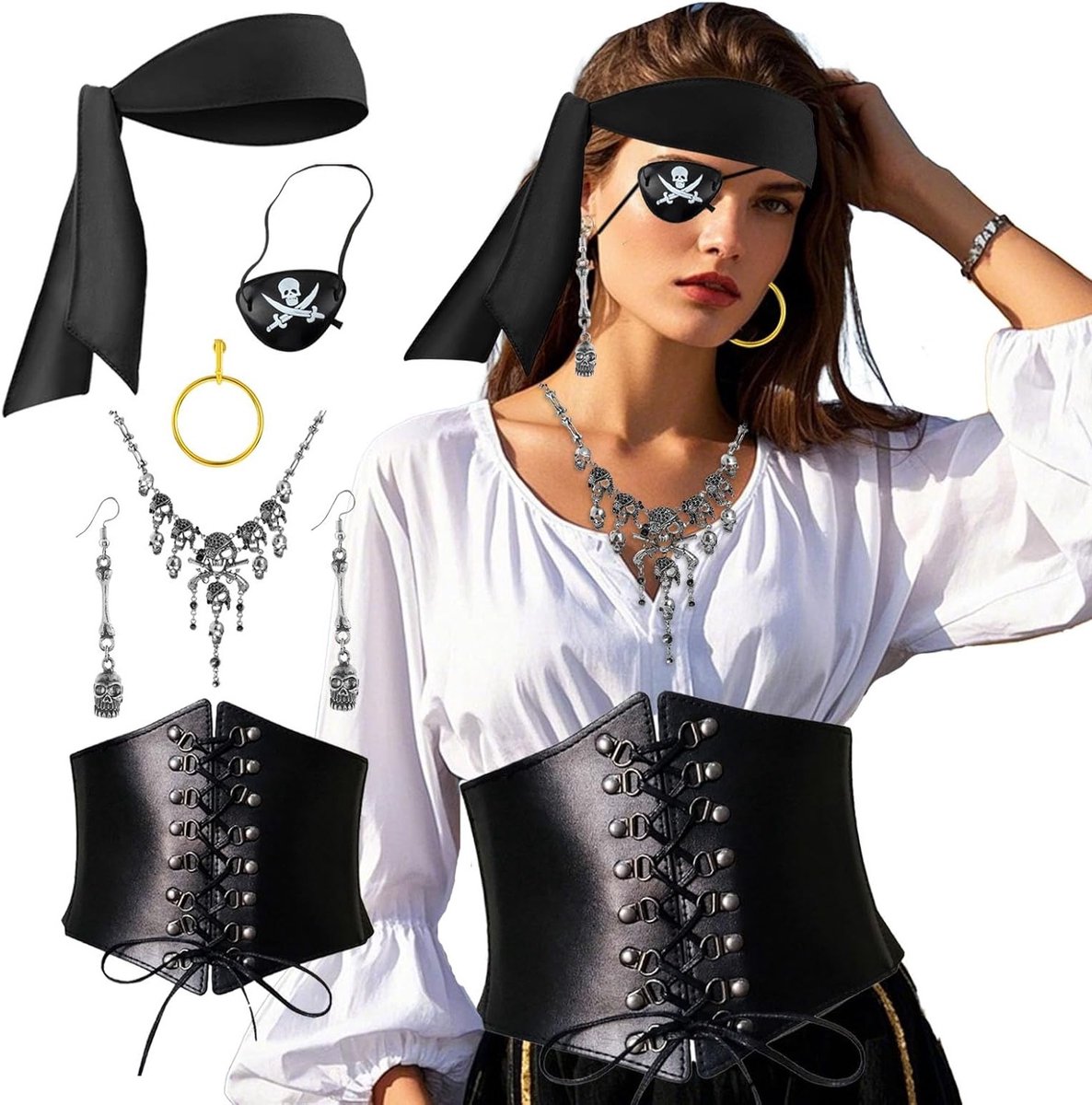 Piratenkostuum Accessoires voor Vrouwen - Hoed, Ooglapjes, Sieraden en Feestdecoratie voor Carnaval en Verkleedpartijen - One Size
