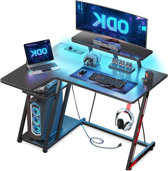 L-Vormige Gaming Bureau met LED Verlichting en Opbergruimte - Gaming Hoekbureau met Monitorstandaard en Stopcontacten van Merkloos — afbeelding 2