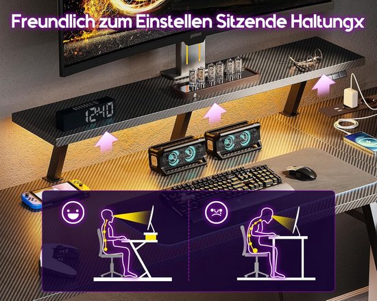 L-Vormige Gaming Bureau met LED Verlichting en Opbergruimte - Gaming Hoekbureau met Monitorstandaard en Stopcontacten van Merkloos — afbeelding 4