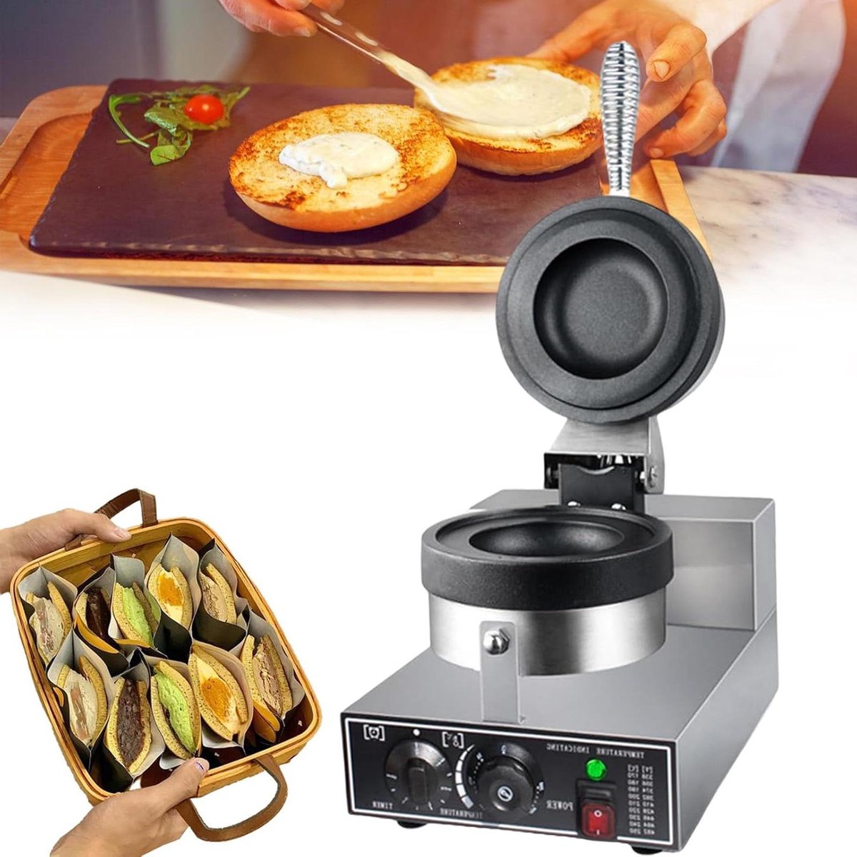 Wafelijzer Machine - Burger Maker - Snacks Maken - Dubbelzijdig Verwarmen - 1200W Vermogen - Zilver