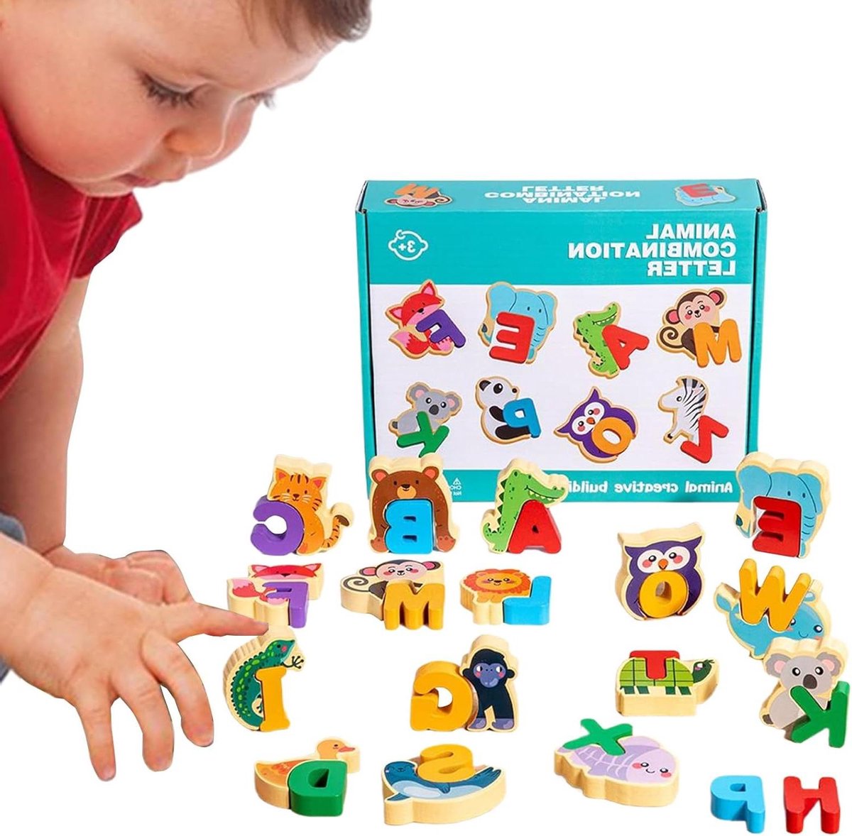 Alfabetpuzzel Hout - Letterpuzzel Kinderen - Vroeg Leren - Dieren Designs - 18 x 5 x 0.1 cm - Multicolor