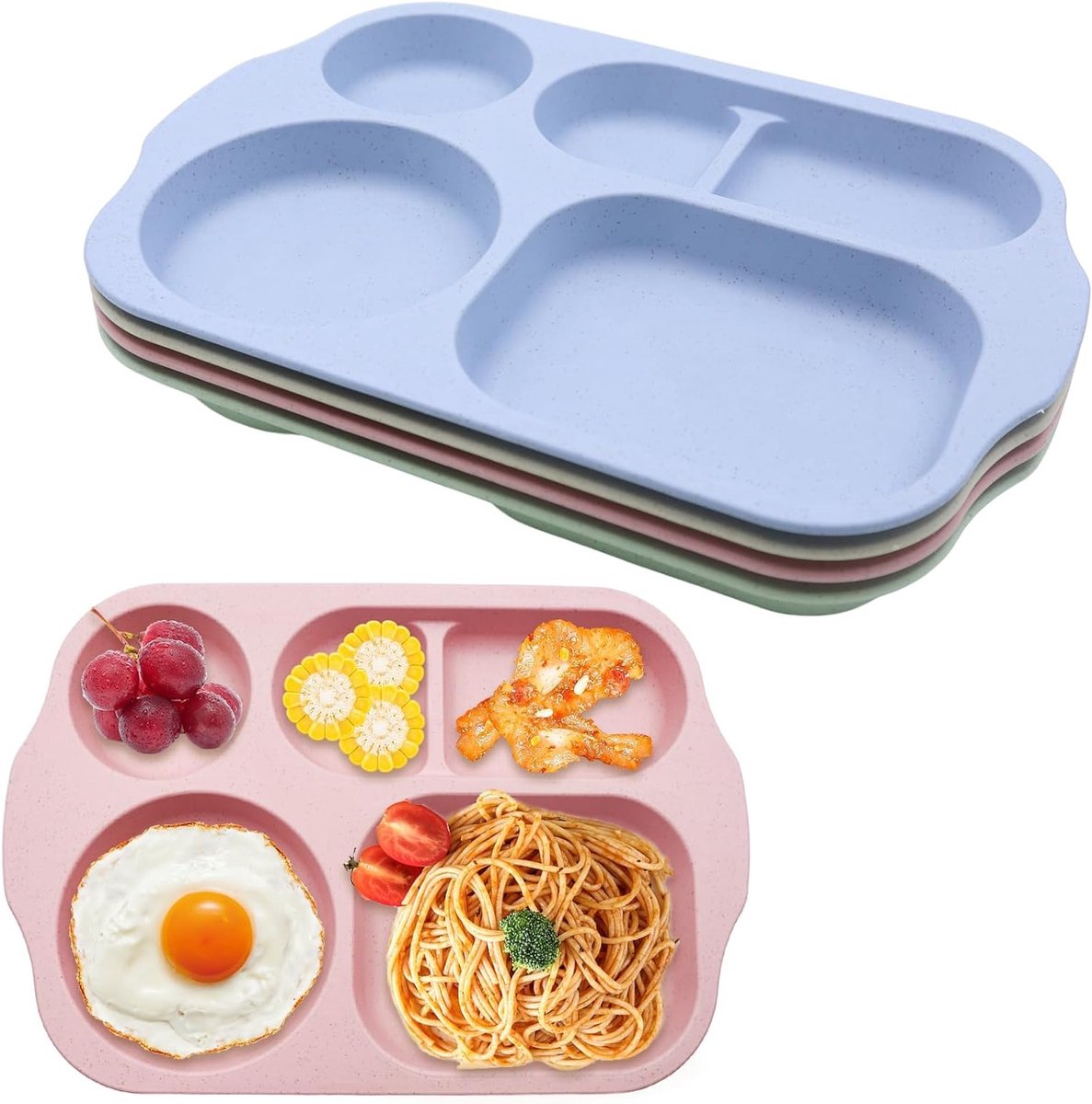 Set van 4 dinerborden, verdeelde borden, 5 vakken, onbreekbare picknickborden van plastic, dieetportieborden, magnetron- en vaatwasmachinebestendig voor volwassenen en kinderen (groen, roze, beige, blauw, 30 x 20