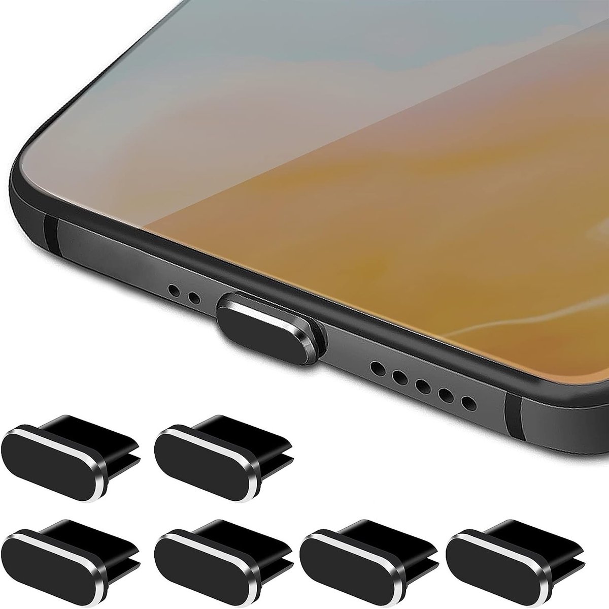 6 Stuks USB C Aluminium Type C Stofpluggen voor Oplaadpoorten van Smartphones en Laptops - Bescherming tegen Stof en Vuil (Zwart)