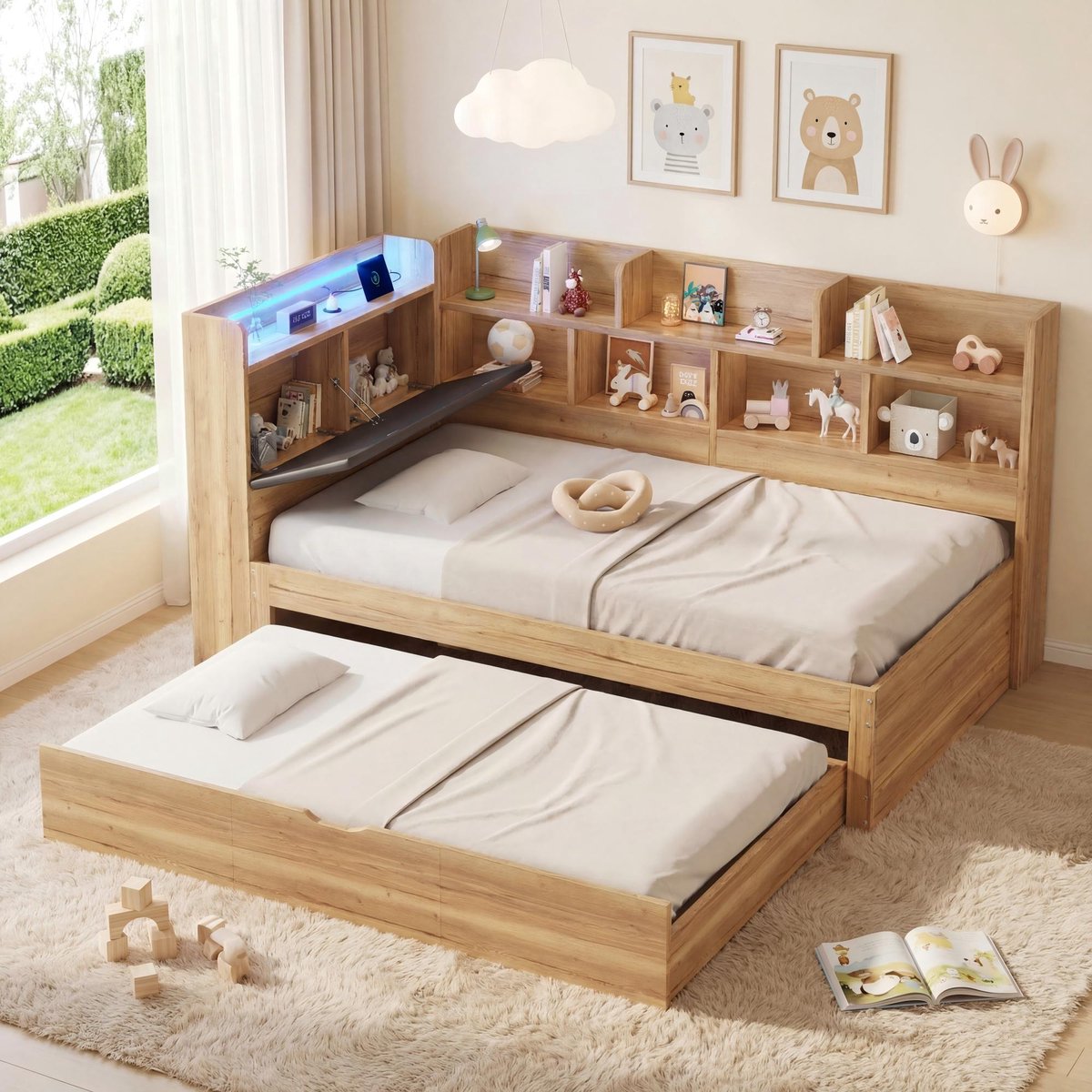 BLACKCOLORS Kinderbed, opbergbed 90x200 met ledverlichting, USB-oplaadaansluitingen en uitschuifbed 90x190 cm, dagbed, L-vormig houten bed, dagbed met planken, natuurlijke kleur