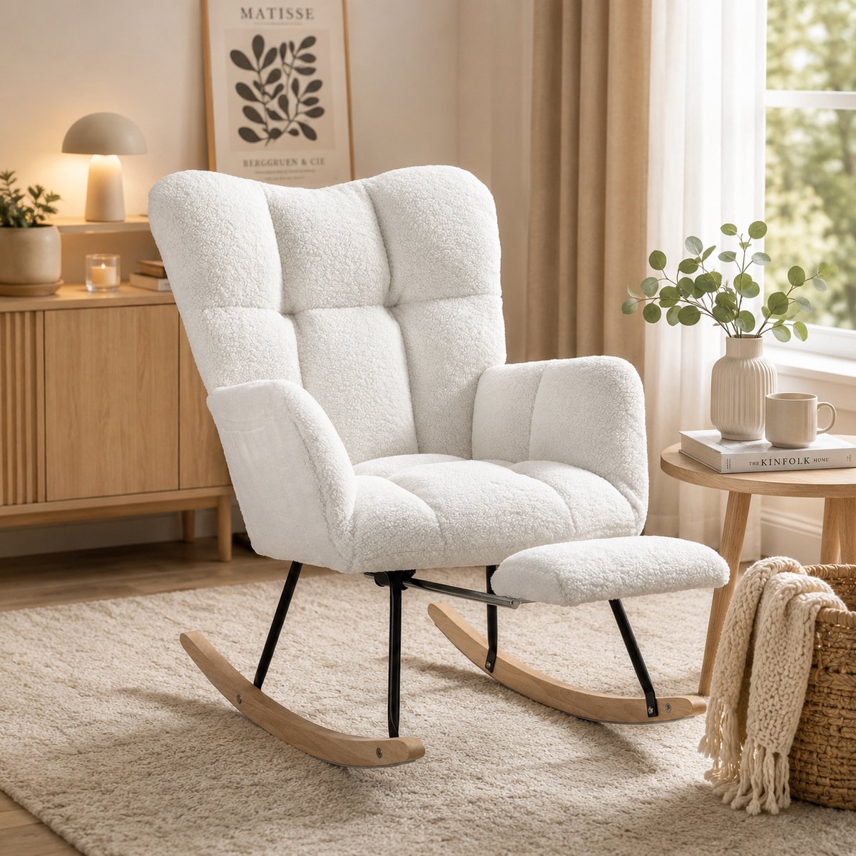 Schommelstoel - Fauteuils met armleuning - Relaxfauteuil - stoel babykamer - Zijvakken - Metalen frame - voetpedaal - Teddyfleece materiaal - voorzien van vloerbeschermende viltstrips - Wit