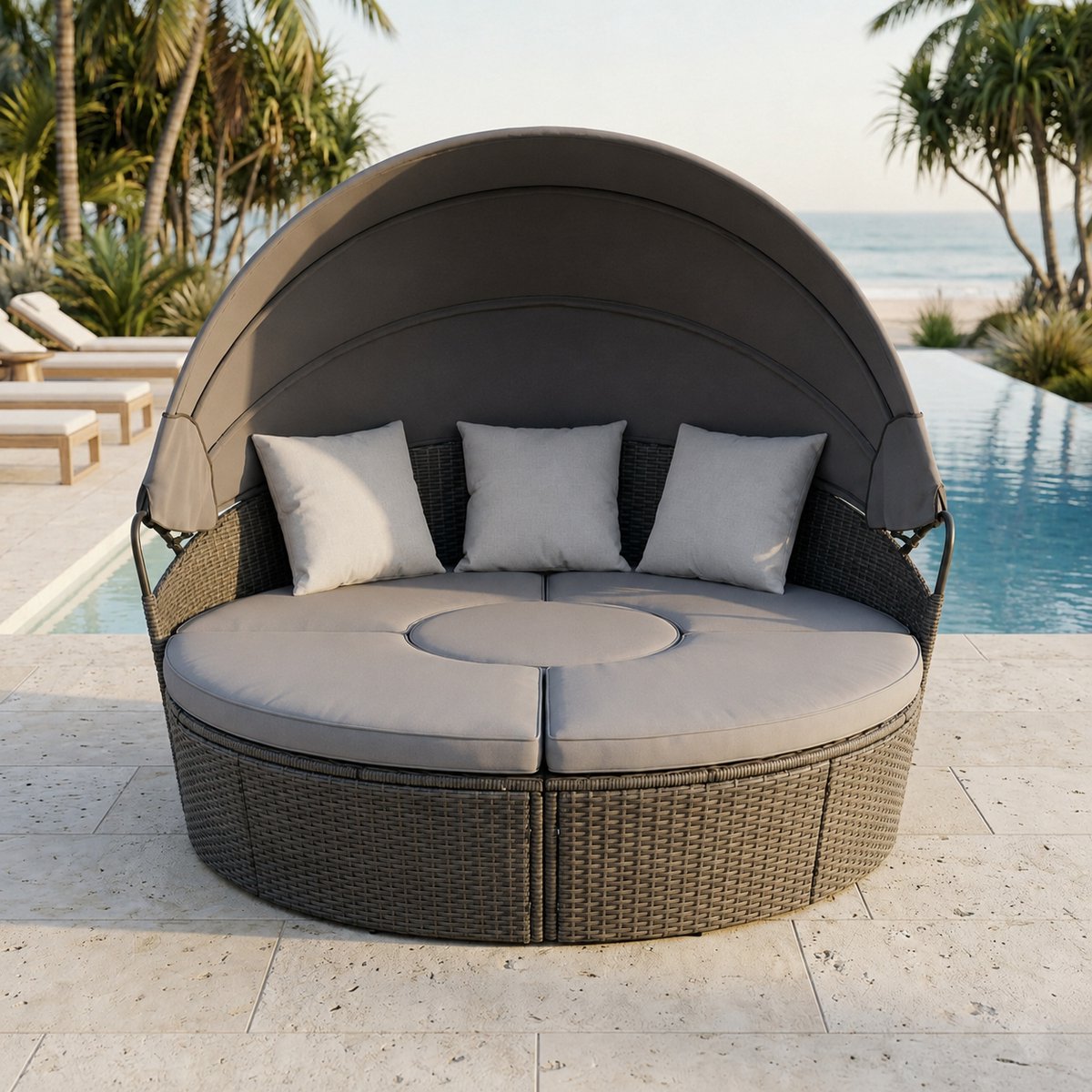Luxe Rond Rattan Zonne-eiland 180 cm met Inklapbaar Zonnedak, Dikke Kussens & Regenhoes – Comfortabele Tuin Loungeset / Daybed 2-3 Personen – Grijs Industrohome