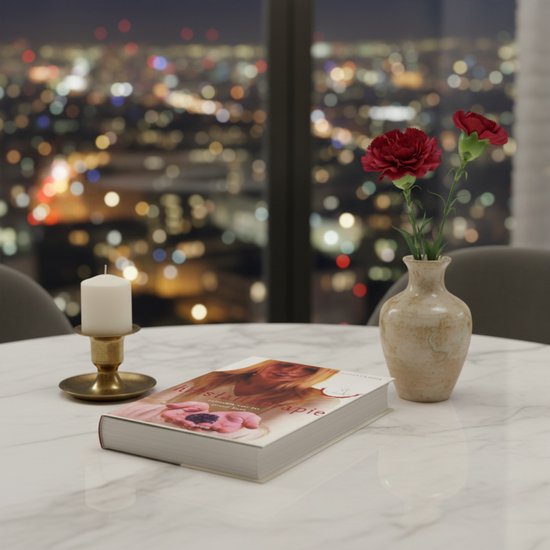 Een boek met de titel Kristaltherapie, liggend op een marmeren tafel met twee rode bloemen in een vaas.