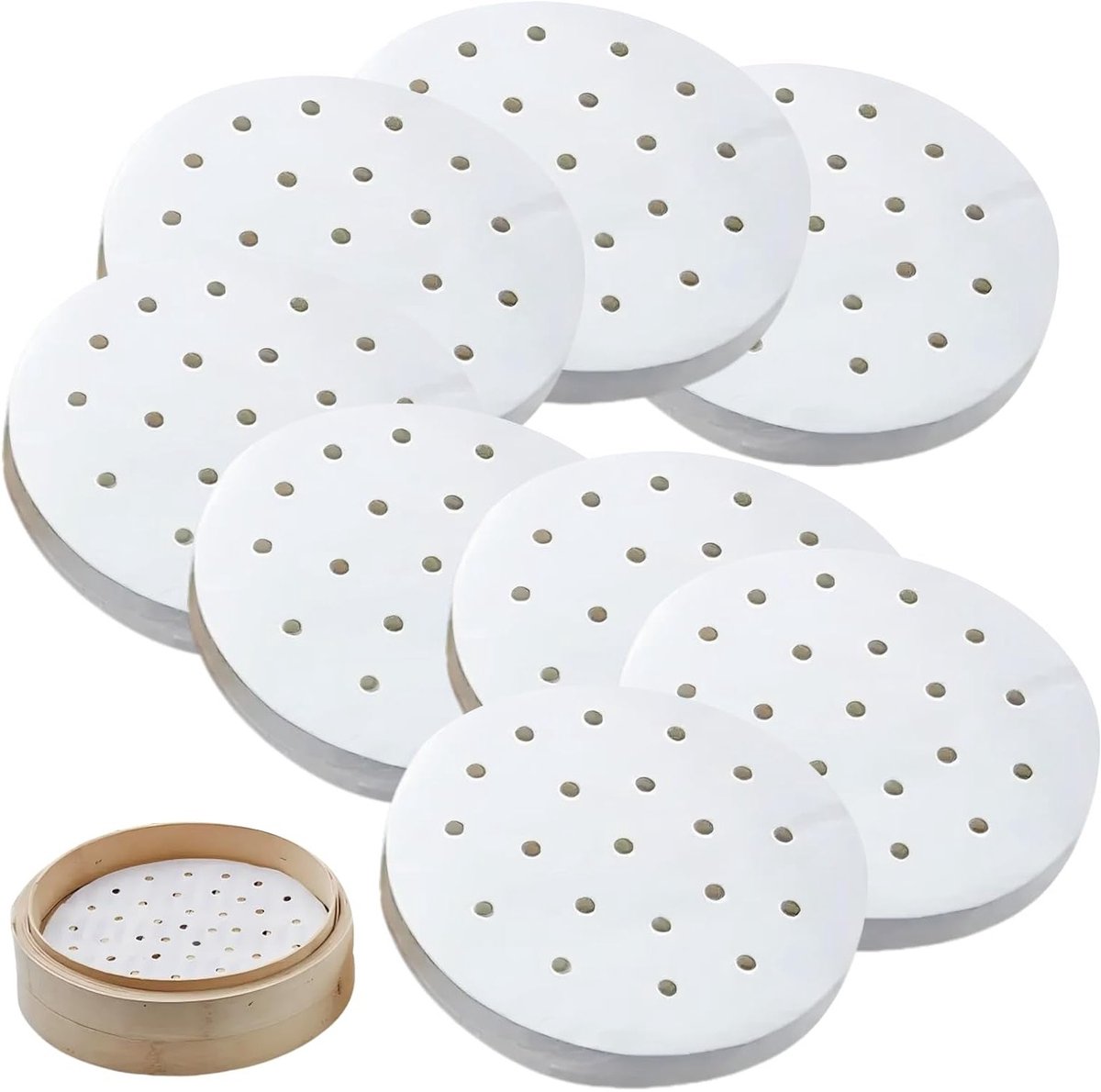 Perforated Bakpapier van Bamboe voor Stomen en Airfryer, 22 cm, Ideaal voor Dim Sum en Snacks