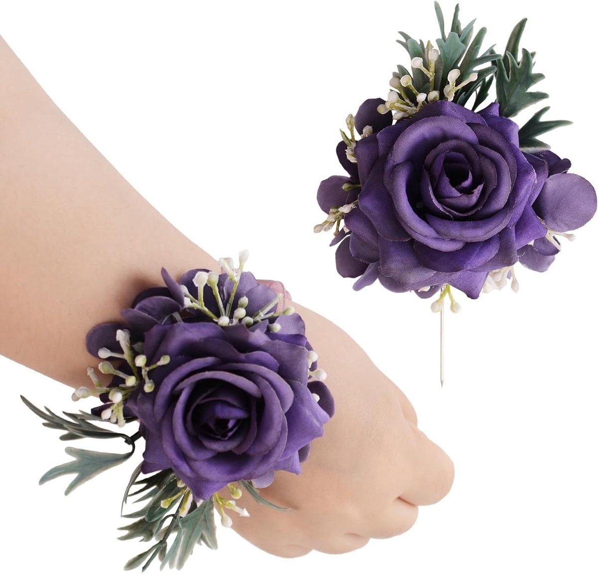 Pols Corsage Set - Bruiloft Bloem - Feestelijke Aankleding - Elegant Ontwerp - 2 Stuks - Paars