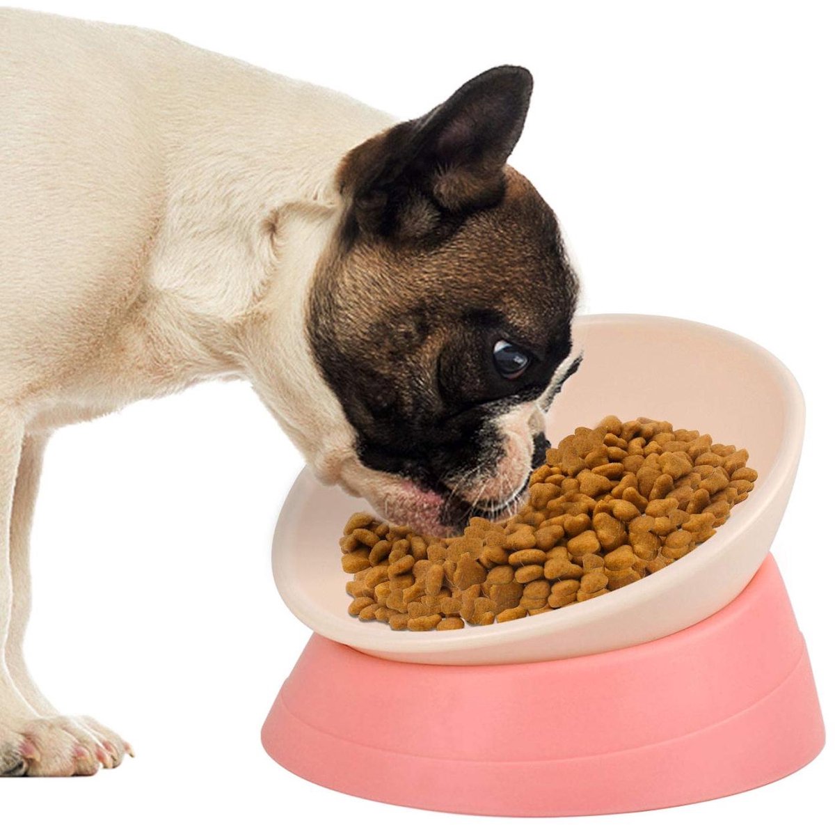 carmdering - Hondenvoerbak - Schuine voerbak - Antislip bak - Breed mondstuk,防lek, geschikt voor Franse bulldog en mopshond - Helpt tegen kokhalzen en een opgeblazen gevoel - Vaatwasmachinebestendig - Roze
