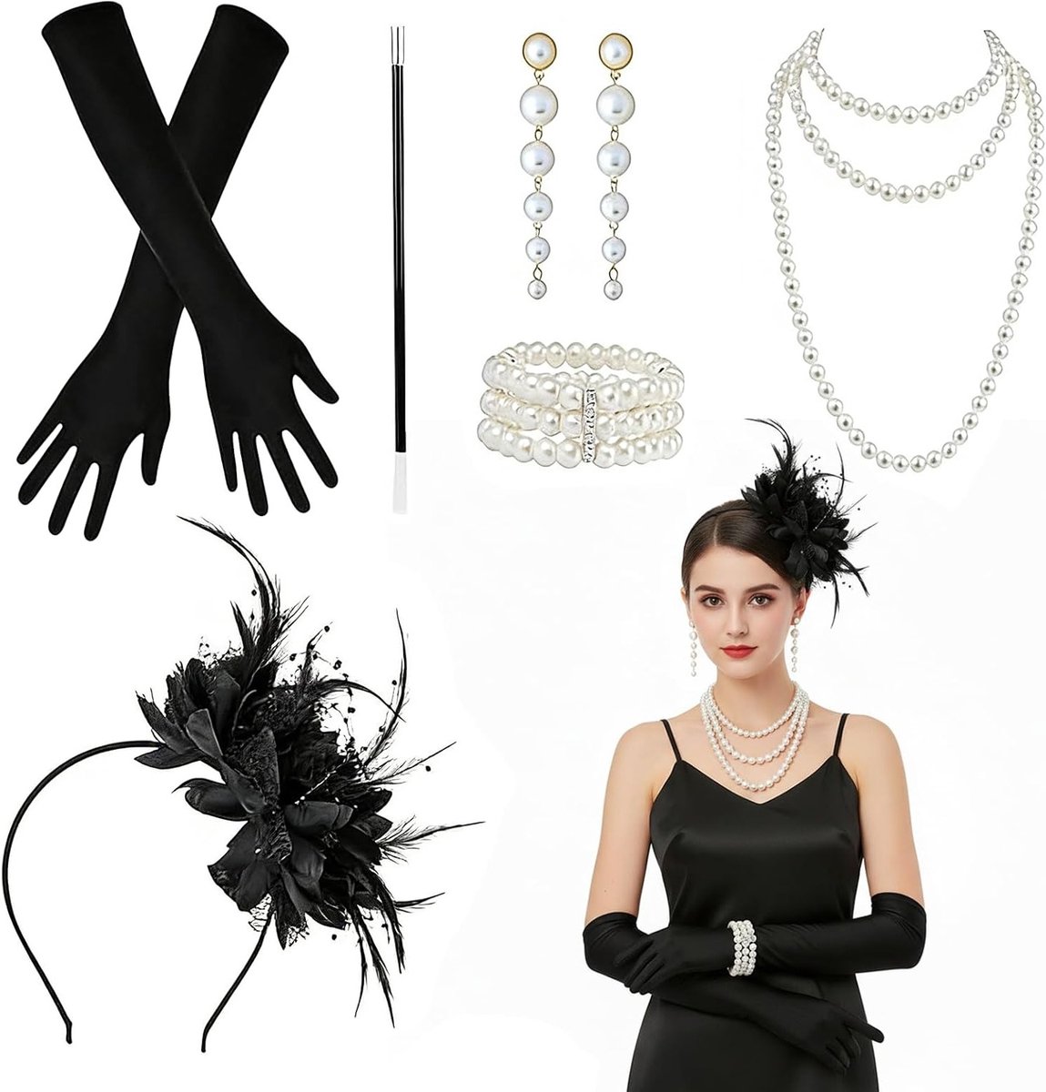 Vintage 1920s Kostuumaccessoires Set met Kunstparels en Veertjes voor Gatsby Themafeesten, Inclusief Halsketting, Handschoenen en Sieraden