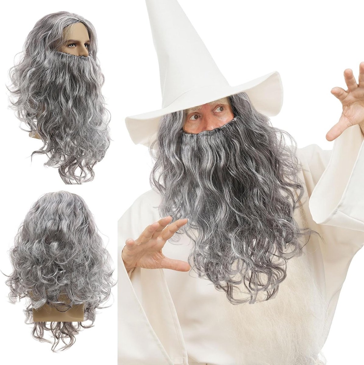 Wizard Perücke met Lange Baard voor Mannen, Grijze Cosplay Perücke voor Carnaval, Halloween en Kerstfeest