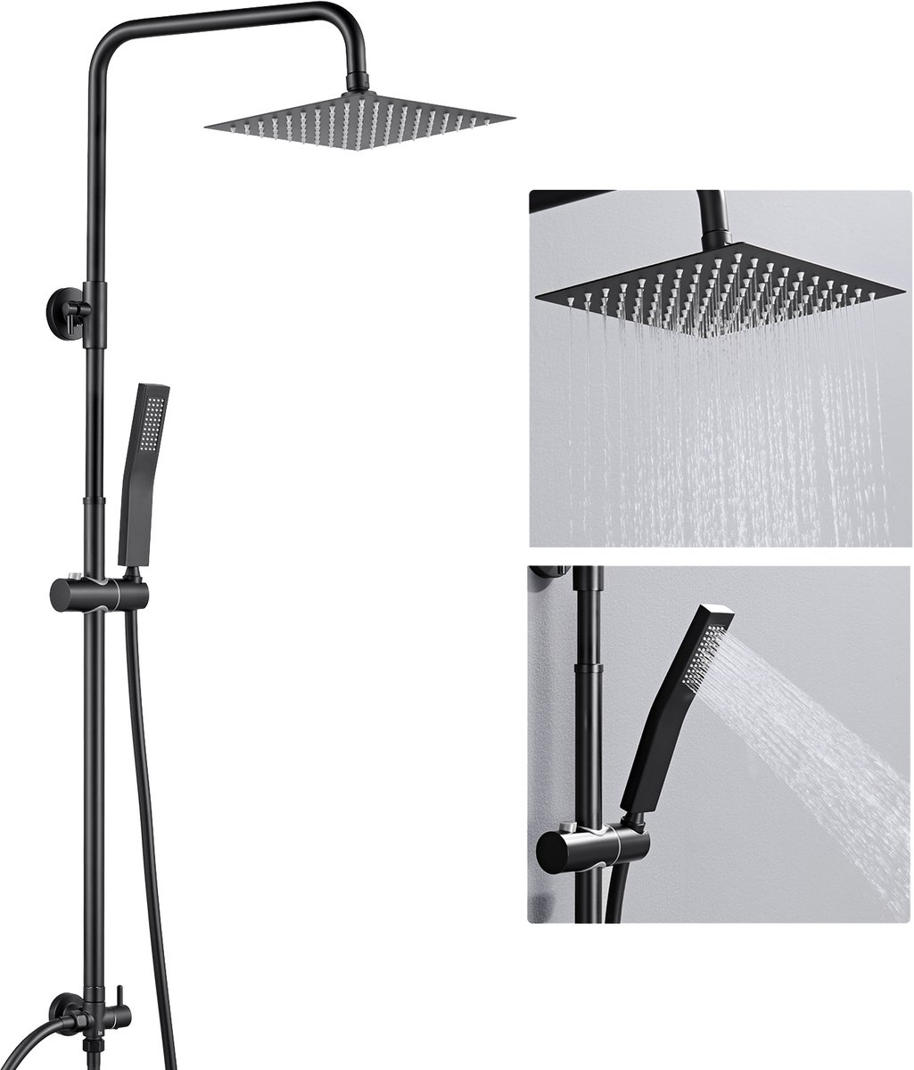 DERW Max Douche Set - Regendouche en Handdouche - RVS - Douchesysteem - Met omstelling - Verstelbare Hoogte 72-110 cm - Vierkant Design - Zonder Kraan - Waterbesparend - Zwart