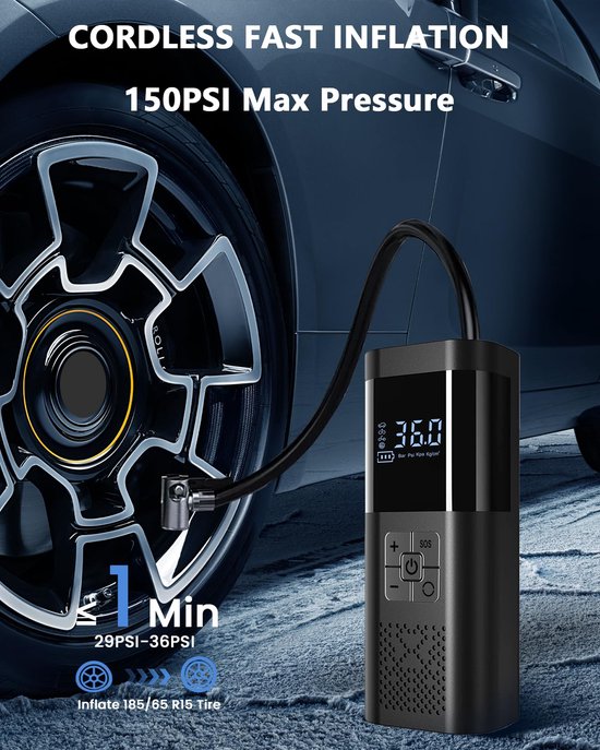 Draagbare luchtcompressor met, draadloze luchtpomp voor autobanden met digitale drukmeter, automatische uitschakeling, USB-C-aansluiting en LED-verlichting. Geschikt voor auto's, motoren, fietsen, ballen en meer. — afbeelding 3
