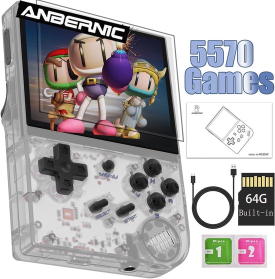 2026 Retro handheld gameconsole Linux-systeem HD en tv-uitgang 3,5 inch IPS-scherm 64G TF-kaart 5500+ klassieke games 2600mAh batterij (wit)
