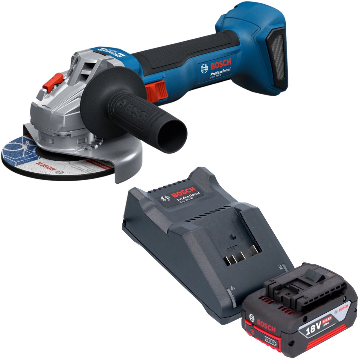 Bosch GWS 18V-8 Professional accu-haakse slijper 18 V 125 mm borstelloos + 1x accu 4,0 Ah + oplader