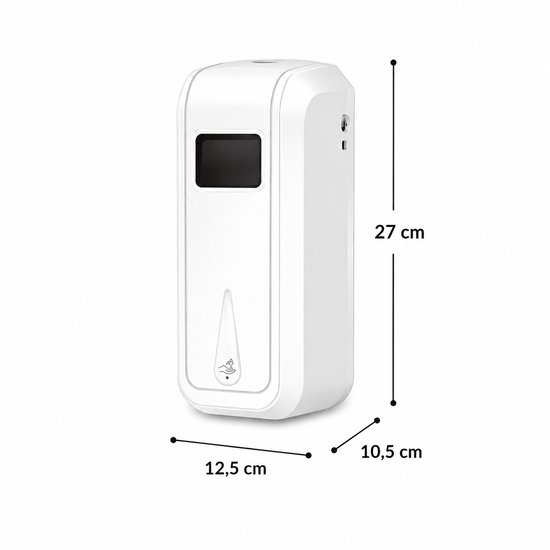 Witte automatische zeepdispenser met afmetingen 27 cm x 12,5 cm x 10,5 cm, met een scherm aan de voorkant.