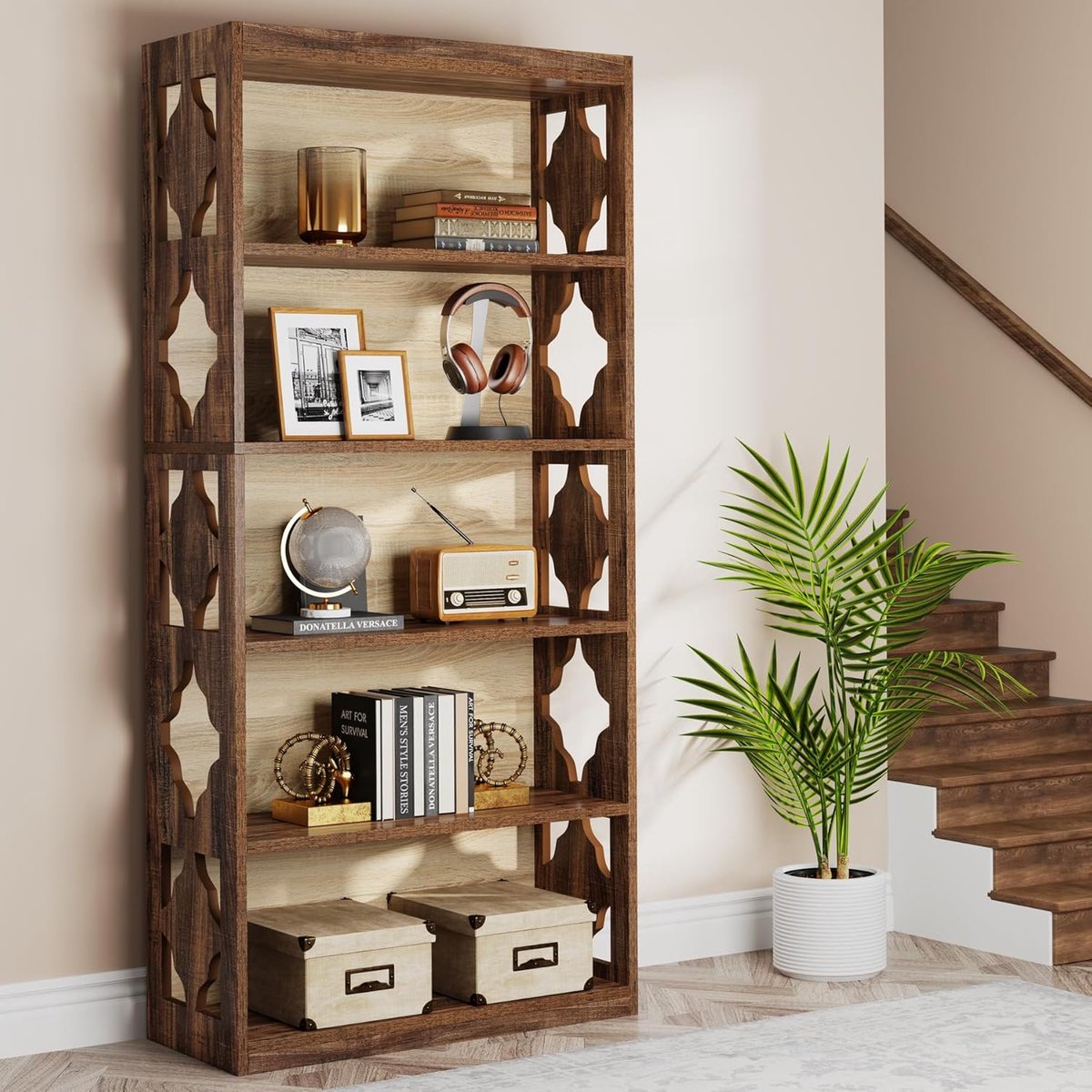 Boekenkast 6-Laags Industrieel - House&Garden Windsor Elite Boekenkast - Hoge Open Vakkenkast met Gesloten Achterwand en Ruitdesign - Houten Opbergkast voor Woonkamer, Kantoor en Slaapkamer - Vintage Walnoot - 80 x 30 x 179 cm