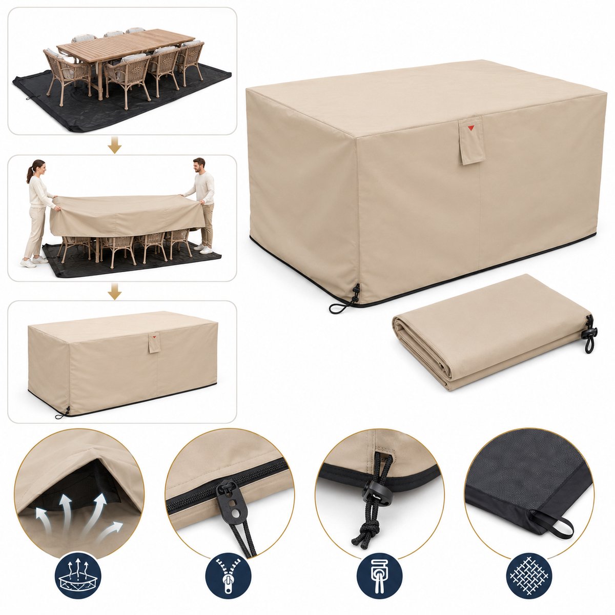 HOME It® Tuinmeubelhoes - Waterdicht - 600D Oxford - UV-bestendig - Met Ventilatieopeningen & Opbergtas - 210 x 155 x 95 cm - Zandkleur