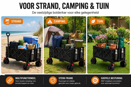 ITRONIQ Bolderkar Opvouwbaar 200L - Bolderkar Met Grote Wielen - Transportkar Inklapbaar - Handkar Voor Strand, Camping & Tuin van Merkloos — afbeelding 4