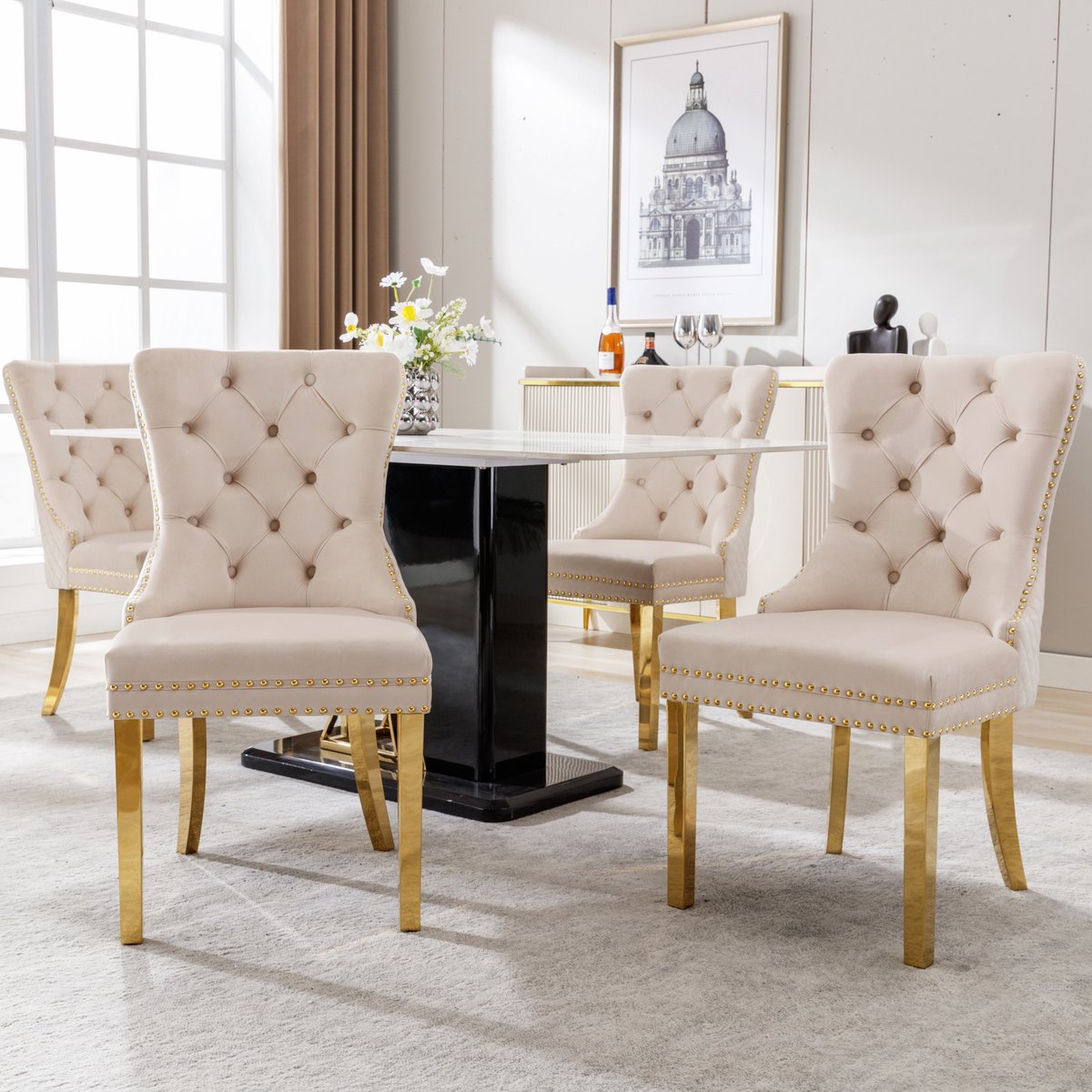 Wishdor Eetkamerstoelen - Met Ringgreep En Siernagels - Fluwelen Bekleding - Beige - Metalen Poten - Set Van 4