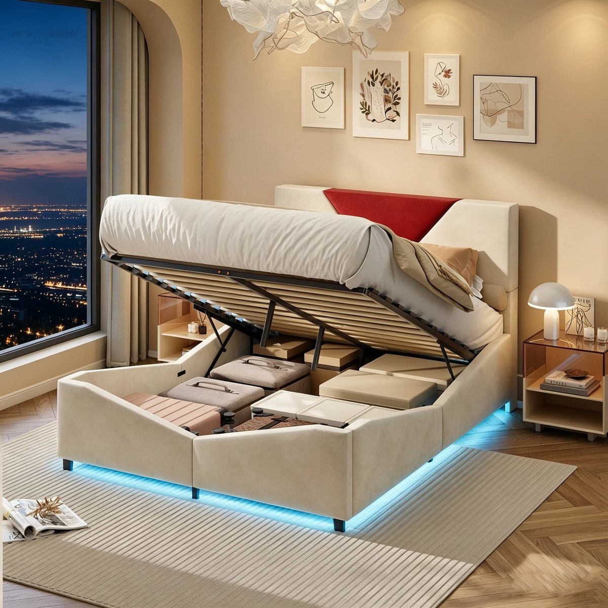 Opbergbed 140x200 cm – Tweepersoonsbed Met Gestoffeerd Hoofdbord, Geometrisch Tweekleurig Design, Ingebouwde LED en Hydraulische Opbergruimte, Voor Volwassenen en Jongeren, Beige Fluweel