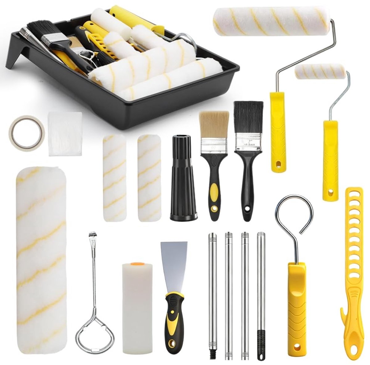 Dailygoods- Verfrollerset 18-delig - Telescoopstang 30-120 cm - 2 x 9 inch/2 x 4 inch Verfroller - Schilderrol - Verfbak - Inclusief penseel/stofhoes - Schilderset