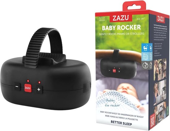Zwarte ZAZU baby rocker, bevestigd aan een kinderwagenbeugel. De doos toont een slapende baby en productinformatie.